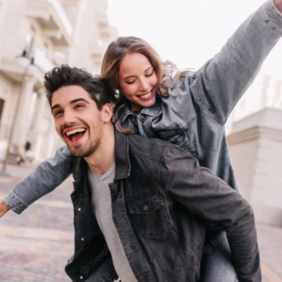 Excited Man Black Denim Jacket Chilling With Girlfriend Outdoor Portrait Happy Couple Exploring City 197531 12259