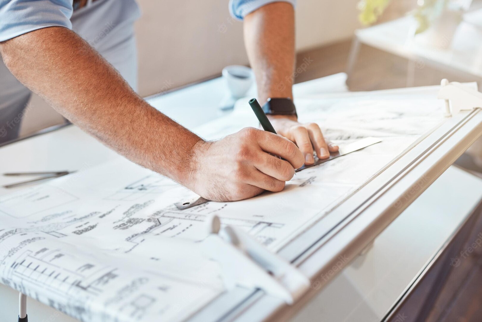 Male Architect Hands Drawing Building Project Construction Plan Office Table Closeup Caucasian Man Taking Measurement Notes Sketching Making Corrections Blueprint 590464 67805