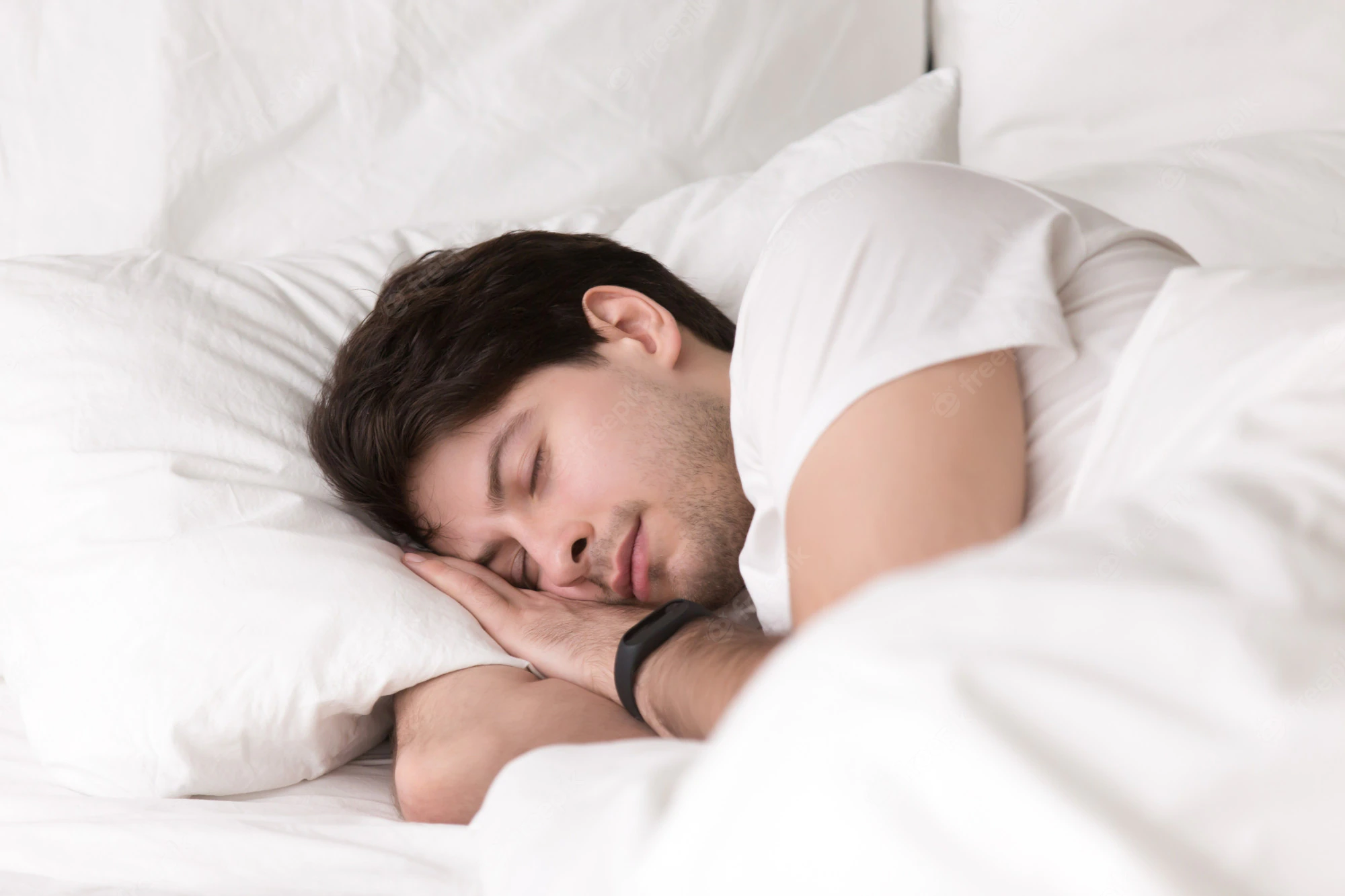 Young Guy Sleeping Bed Wearing Smartwatch Sleep Tracker 1163 5232