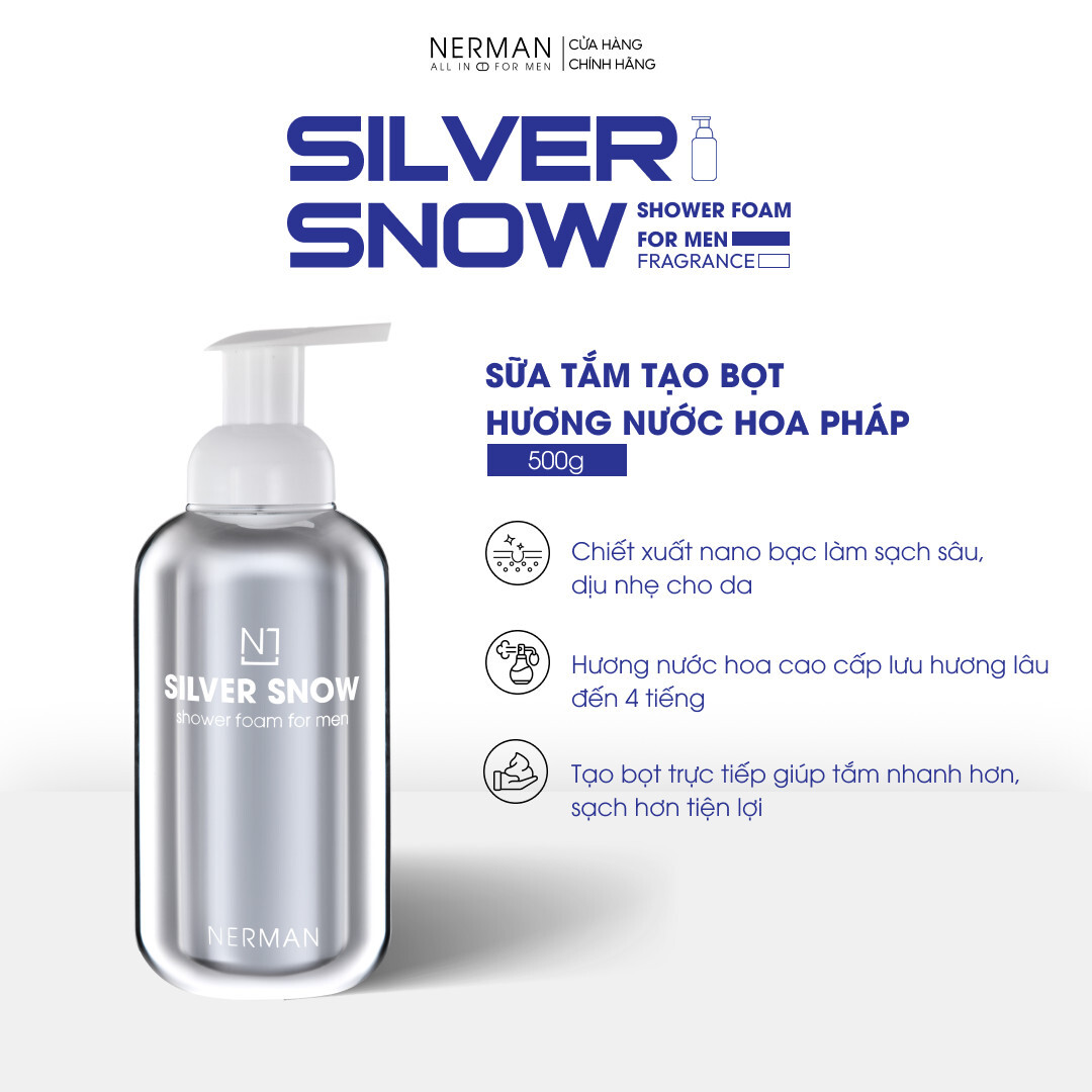 Sữa tắm nam giới tạo bọt Nano bạc Nerman Silver Snow – Hương nước hoa cao cấp 500g