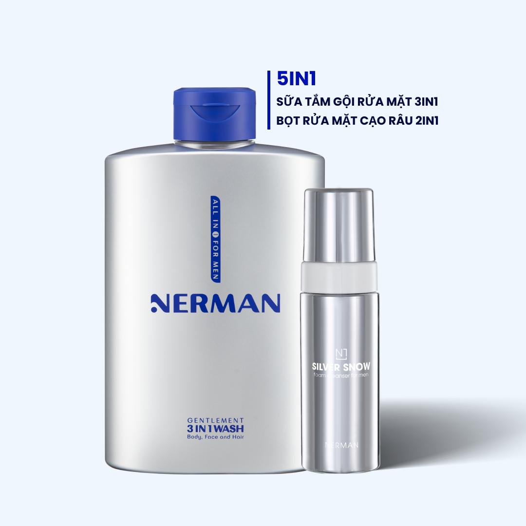 Riêng tư: Combo 5 in 1 Nerman-Sữa tắm gội hương nước hoa cao cấp 3in1 180g&Sữa rửa mặt tạo bọt cạo râu 2in1 Nano bạc Silver Snow 1