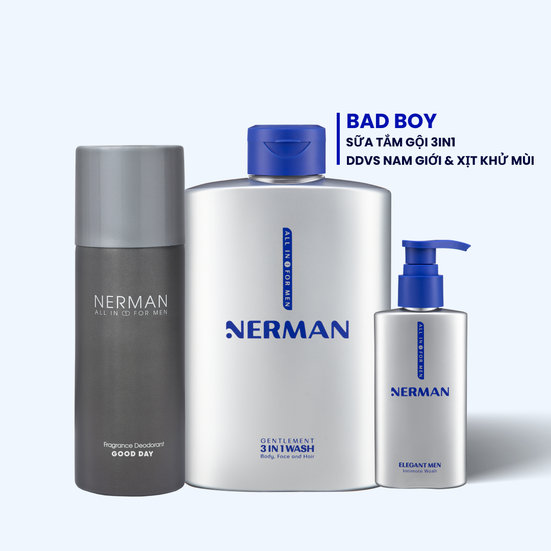 Combo Badboy Nerman – Sữa tắm gội 3in1 hương nước hoa cao cấp 350ml & Gel vệ sinh nam 100ml & Nước hoa khử mùi 100ml