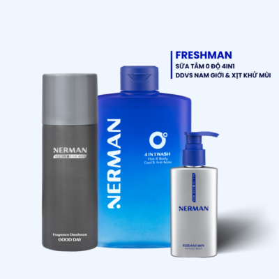 Combo Fresh Man Nerman -Sữa tắm gội lạnh 4IN1 330ml & Dung dịch vệ sinh cho nam 100ml & Xịt khử mùi toàn thân 100ml