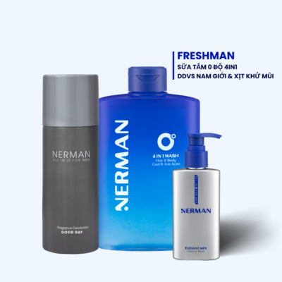 Combo Fresh Man Nerman -Sữa tắm gội lạnh 4IN1 330ml & Dung dịch vệ sinh cho nam 100ml & Xịt khử mùi toàn thân 100ml